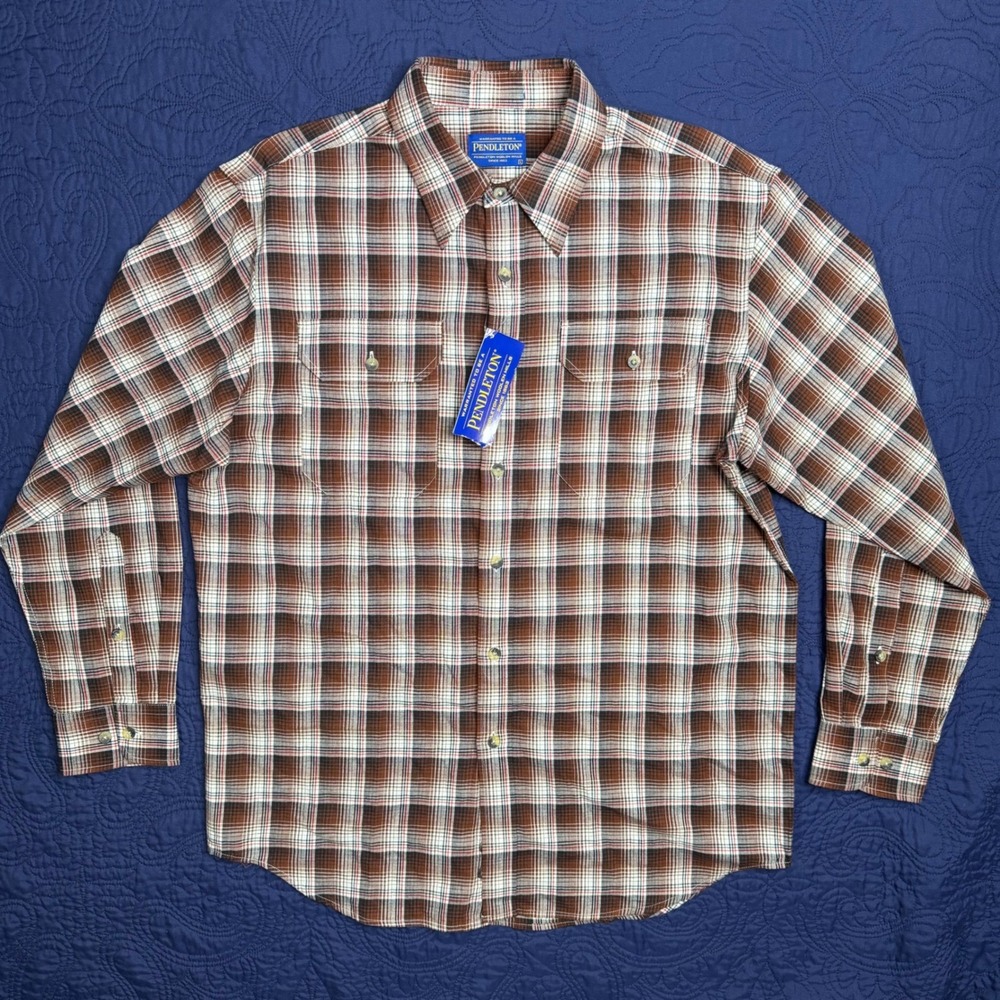 Pendleton Mens Brown Plaid Pima Cotton Merino Wool Button Down Shirt Large NWT